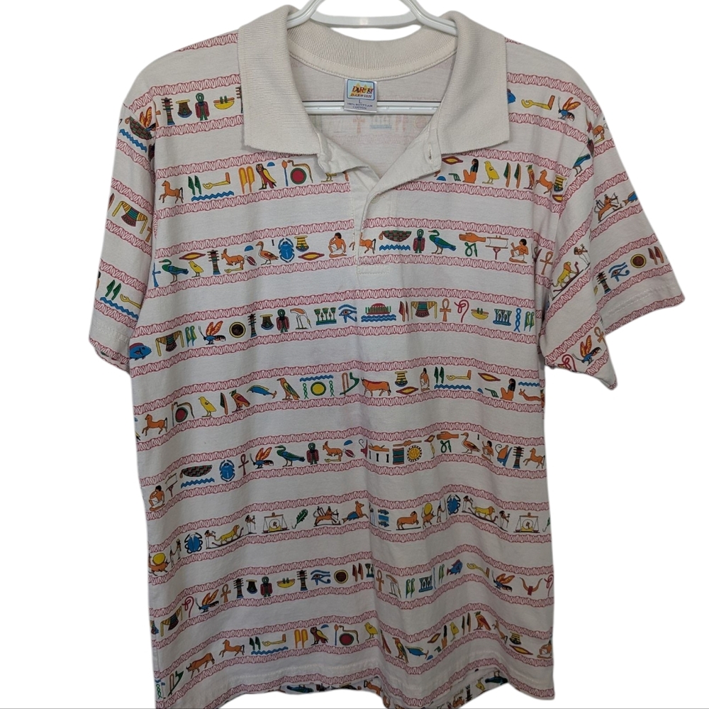 Vintage 90s Egyptian hieroglyphics print men's polo